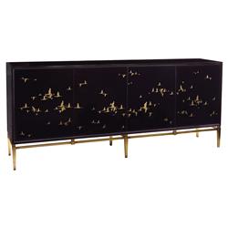 John-Richard Geraldine Regency Black Glass Gold Bird Credenza Sideboard