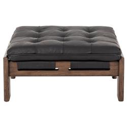 Hadley Rustic Lodge Black Leather Brown Wood Tufted Ottoman