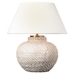 Visual Comfort Avedon Plaster White Rattan Linen Shade Cordless Table Lamp