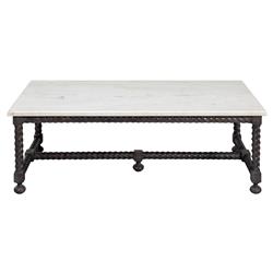 Stella Updated Traditional White Marble Brown Wood Rectangular Coffee Table