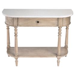 Florentine French Country White Marble Beige Wood Demilune Console Table