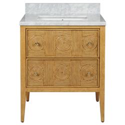 Bella Coastal Beach White Carrara Marble Natural Rattan Vanity Sink - 28&quot;