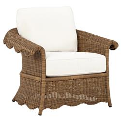Cielo Coastal White Sunbrella Brown Woven Wicker Scalloped Outdoor Lounge Chair