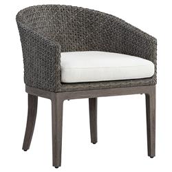 Mavis Coastal Beach White Sunbrella Grey Woven Wicker Outdoor Dining Arm Chair