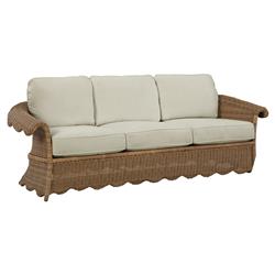 Cielo Coastal Beige Sunbrella Brown Woven Wicker Scalloped Outdoor Sofa - 88&quot;