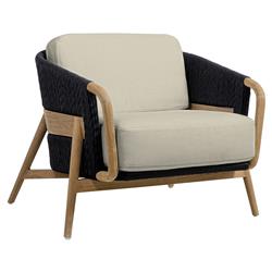 Palecek Casey Mid Century Beige Upholstered Black Rope Natural Teak Outdoor Lounge Chair