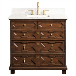 17th Century Updated Traditional White Marble Brown Wood Vanity Sink - 36&quot;