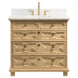 17th Century Updated Traditional White Marble Limewash Oak Wood Vanity Sink - 36&quot;