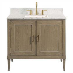 Cerise Updated Traditional White Marble Brown Wood Oak Vanity Sink - 37&quot;