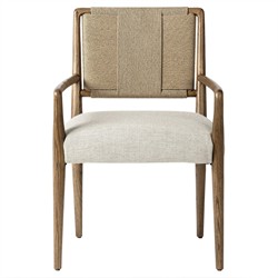 Ronan Coastal Beige Performance Woven Rush Brown Oak Wood Dining Arm Chair