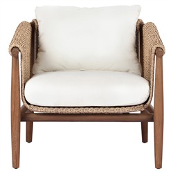 Sophie Coastal Beach White Upholstered Brown Teak Woven Outdoor Lounge Chair