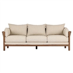 Louis Coastal Beach Beige Upholstered Brown Teak Cane Outdoor Sofa - 86"