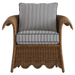 Cielo Coastal Navy Stripe Sunbrella Brown Woven Wicker Scalloped Outdoor Lounge Chair