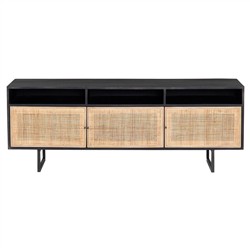 Emilie Mid Century Black Mango Wood Woven Cane Iron Base Media Console - 65&quot;W Overstock