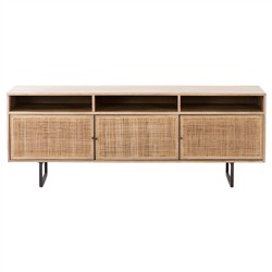 Emilie Mid Century Light Brown Mango Wood Woven Cane Iron Base Media Console - 65&quot;W Overstock