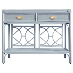 Worlds Away Gideon Coastal Beach Light Blue Rattan Console Table