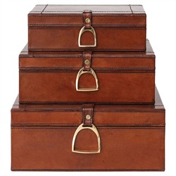 Charlee Traditional Brown Leather Rectangular Decorative Box - Set of 3