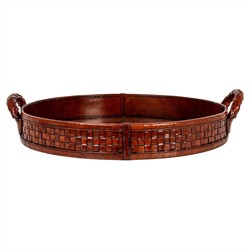 Jordyn Traditional Brown Woven Leather Round Decorative Tray