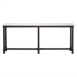 Stella Traditional White Marble Brown Acacia Rectangular Spindle Console Table