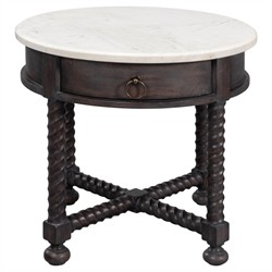Stella Updated Traditional White Marble Brown Acacia Round Spindle Side Table