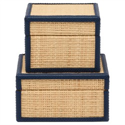 Pigeon and Poodle Hanford Coastal Natural Raffia Navy Blue Leather Trim Decorative Box - Set of 2