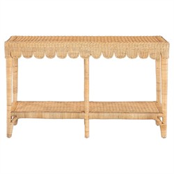 Anissa Coastal Beach Natural Woven Rattan Rectangular Scalloped Console Table