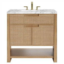 Corine Coastal Beach White Carrara Marble Oak Woven Cane Vanity Sink - 36&quot;