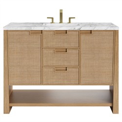 Corine Coastal Beach White Carrara Marble Oak Woven Cane Vanity Sink - 48&quot;