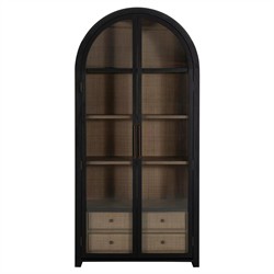 Elsa Updated Traditional Black Wood Rattan Arched China Cabinet