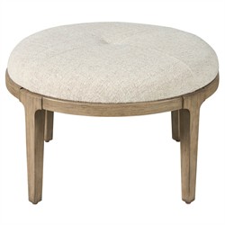 Leith Modern Classic Cream Linen Boulder Brown Wood Round Ottoman