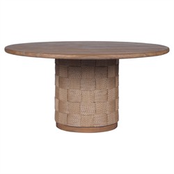 Joel Coastal Beach Stained Brown Teak Woven Round Outdoor Dining Table - 60&quot;