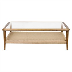 Carmela Coastal Beach Brown Oak Woven Rush Glass Square Coffee Table