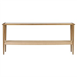 Carmela Coastal Beach Brown Oak Woven Rush Rectangular Console Table