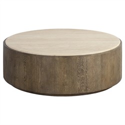 Katalina Rustic Lodge Natural Travertine Brown Oak Round Coffee Table - 48&quot;
