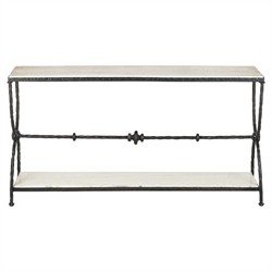 Arlene Updated Traditional White Travertine Bronze Iron Rectangular Console Table