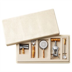 AERIN Updated Traditional Cream Embossed Shagreen Box Bamboo Bar Tool Set