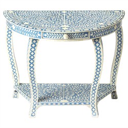 Vivianna Coastal Beach Blue White Bone Inlay Demilune Console Table