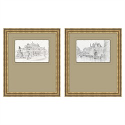 Saffira French Country Architecture Antique Gold Frame Diptych Illustration - 18x15
