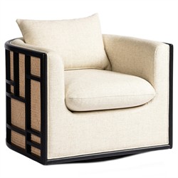 Jun Coastal Beach Thames Cream Performance Black Wood Woven Cane Swivel Chair