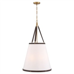 Mirea Updated Traditional White Linen Shade Leather Trim Pendant