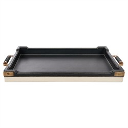 Toulon Traditional Black Leather Natural Canvas Rectangular Decorative Tray