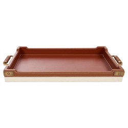 Toulon Traditional Tan Leather Natural Canvas Rectangular Decorative Tray