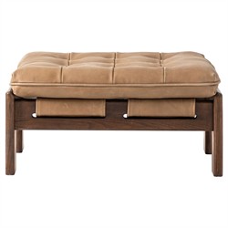 Hadley Rustic Lodge Tan Leather Brown Wood Tufted Ottoman