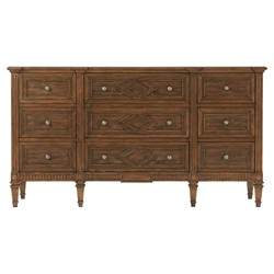 Dylan Updated Traditional Distressed Brown Wood Triple Dresser | Wood/Aluminum | Kathy Kuo Home Dylan Updated Traditional Distressed Brown Wood Triple Dresser | Wood/Aluminum | Kathy Kuo Home