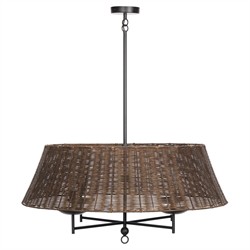 Hadwick Updated Traditional Brown Rattan Shade Black Iron Chandelier