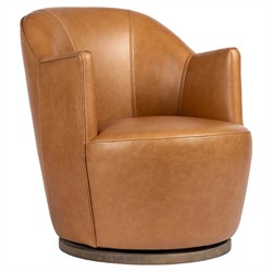 Samuel French Country Tan Leather Brown Wood Swivel Arm Chair