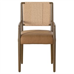 Ronan Coastal Beach Brown Leather Woven Rush Dining Arm Chair