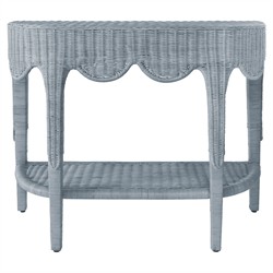 Worlds Away Paloma Blue Woven Rattan Scalloped Demilune Console Table
