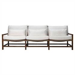 Vaterra Traditional Cream Upholstered Woven Rattan Brown Teak Outdoor Sofa - 104"