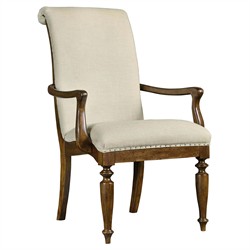 Alban Updated Traditional Cream Linen Dark Brown Wood Dining Arm Chair